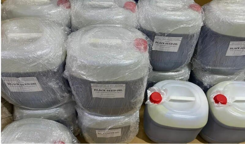Bulk Black Seed Oil Containers - 25kg drums wrapped and ready for shipping